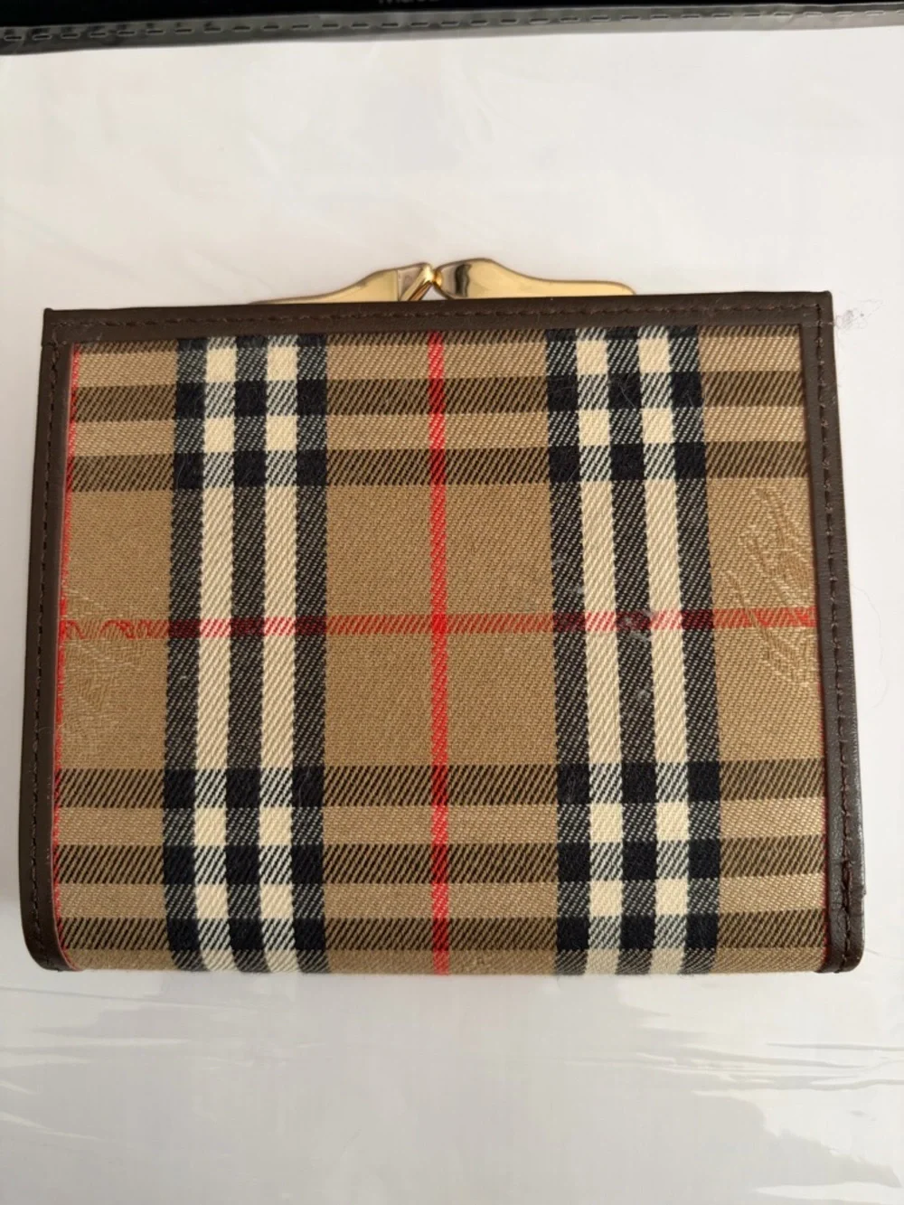 Burberry Beige Tan Check Fold Wallet with Black and Red Accents - Picture 3 of 9
